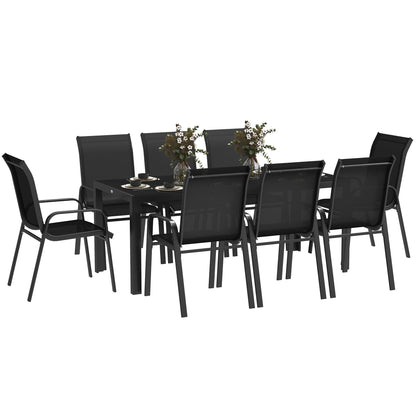Outsunny 8 Seater Garden Dining Set with Stacking Chairs, Rectangular Tempered Glass Top, Garden Furniture Set, Outdoor Dining Table and Chairs for Patio, Balcony, Poolside, Black 