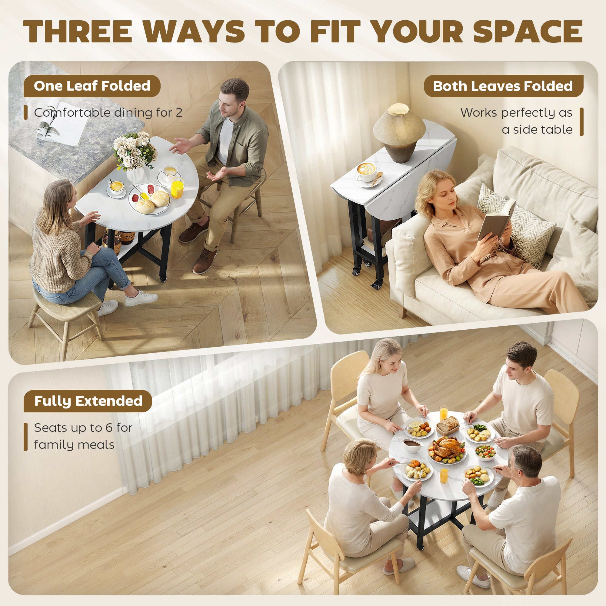 HOMCOM Folding Dining Table, Drop Leaf Table with Open Shelf, Rolling Kitchen Table for Dining Room, Small Spaces, White Marble 