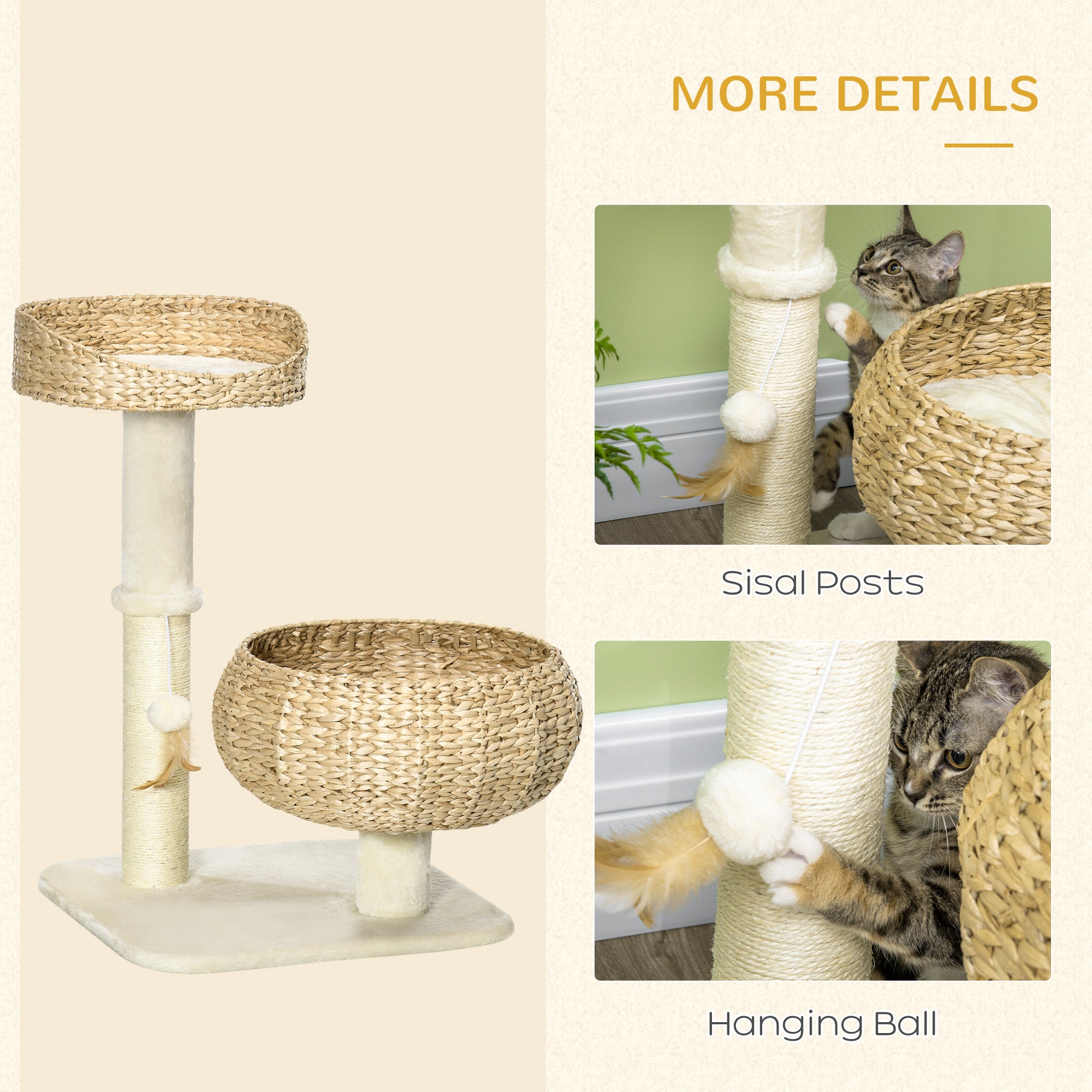 PawHut 72cm Cat Tree Kitten Tower, with Sisal Scratching Post, Two Beds, Toy Ball 