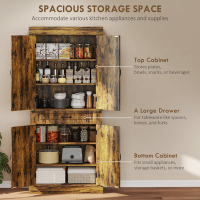 HOMCOM Tall Kitchen Cupboard, Kitchen Pantry Cabinet with Drawer, Shelves, Brown 