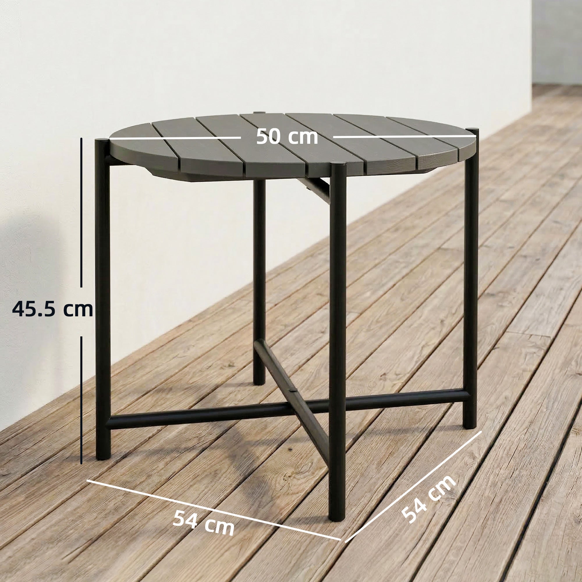 Outsunny 54 cm Round Outdoor Side Table, Industrial Small Garden Table with Slatted Wood Top and Metal Frame, Dark Grey 