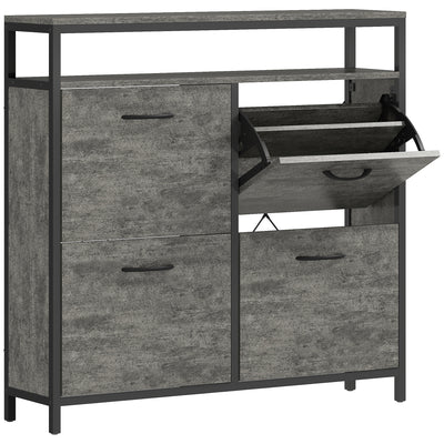 HOMCOM Shoe Storage Cabinet with 4 Flip Drawers and Open Shelf - Cement Grey 
