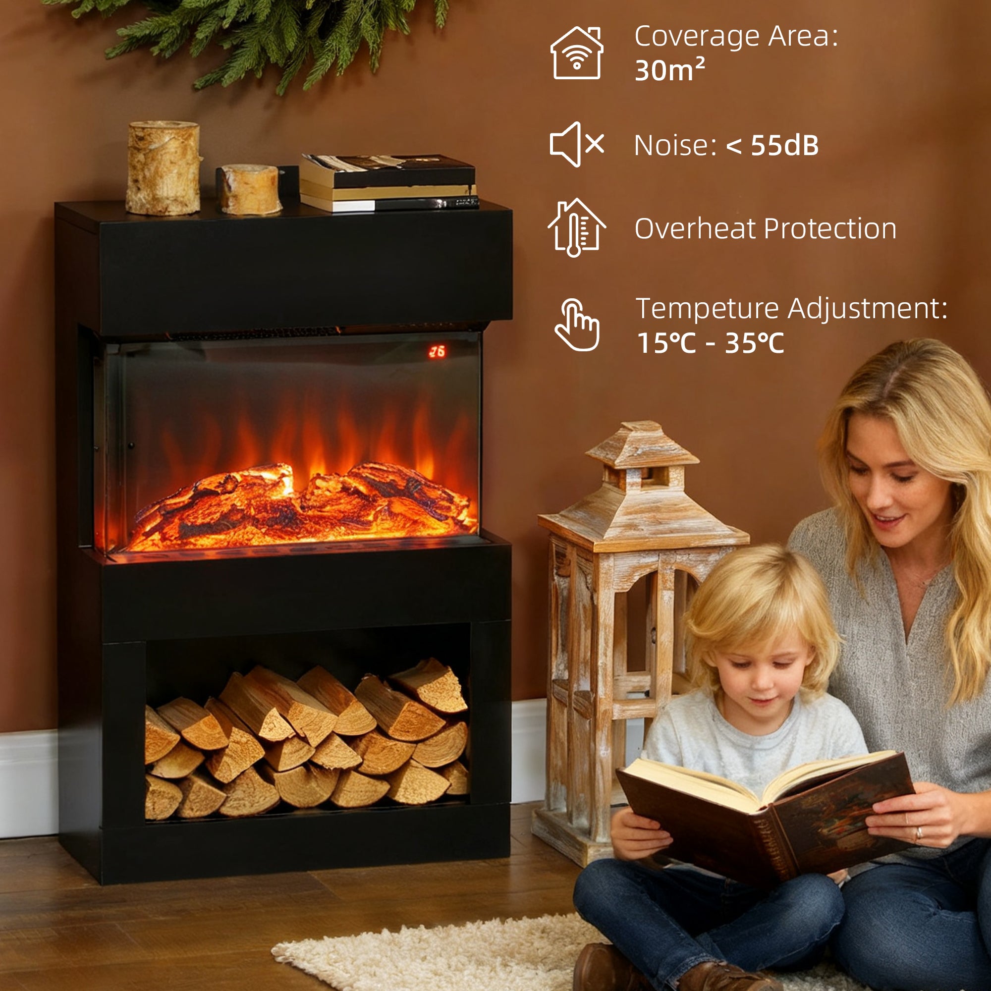 HOMCOM 19" Electric Fireplace with Surround, 3D Flame Effect, 6 Colours & 3 Brightness Levels, 1000W/2000W Black Electric Fire and Mantel Reach up to 30㎡ Space with Remote & Timer, 3 Sided View 