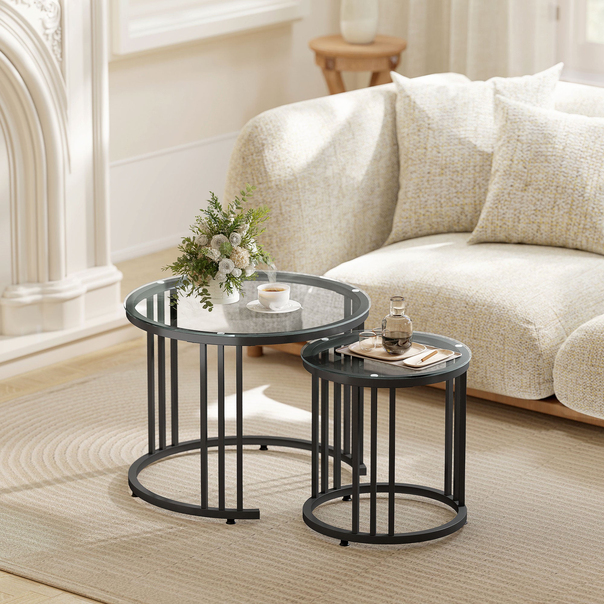 HOMCOM Round Coffee Tables Set of 2, Nesting Tables with Tempered Glass Top and Steel Frame, Black 