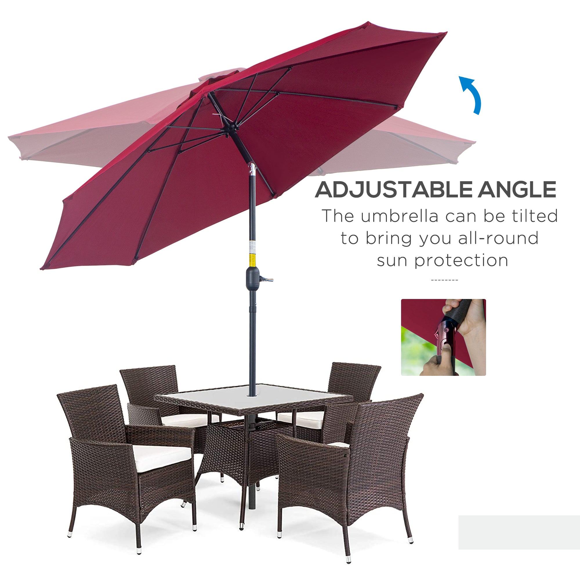 Outsunny 2.7M Garden Parasol Umbrella with Glass Fibre Ribs and Aluminium Frame, Tilting Sun Shade Shelter Canopy, Wine Red 