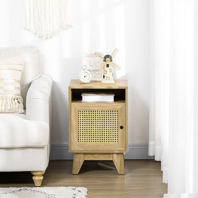 HOMCOM Narrow Rattan Nightstand, Side End Table with Shelf and Cupboard, 39cm x 35cm x 60cm, Natural 