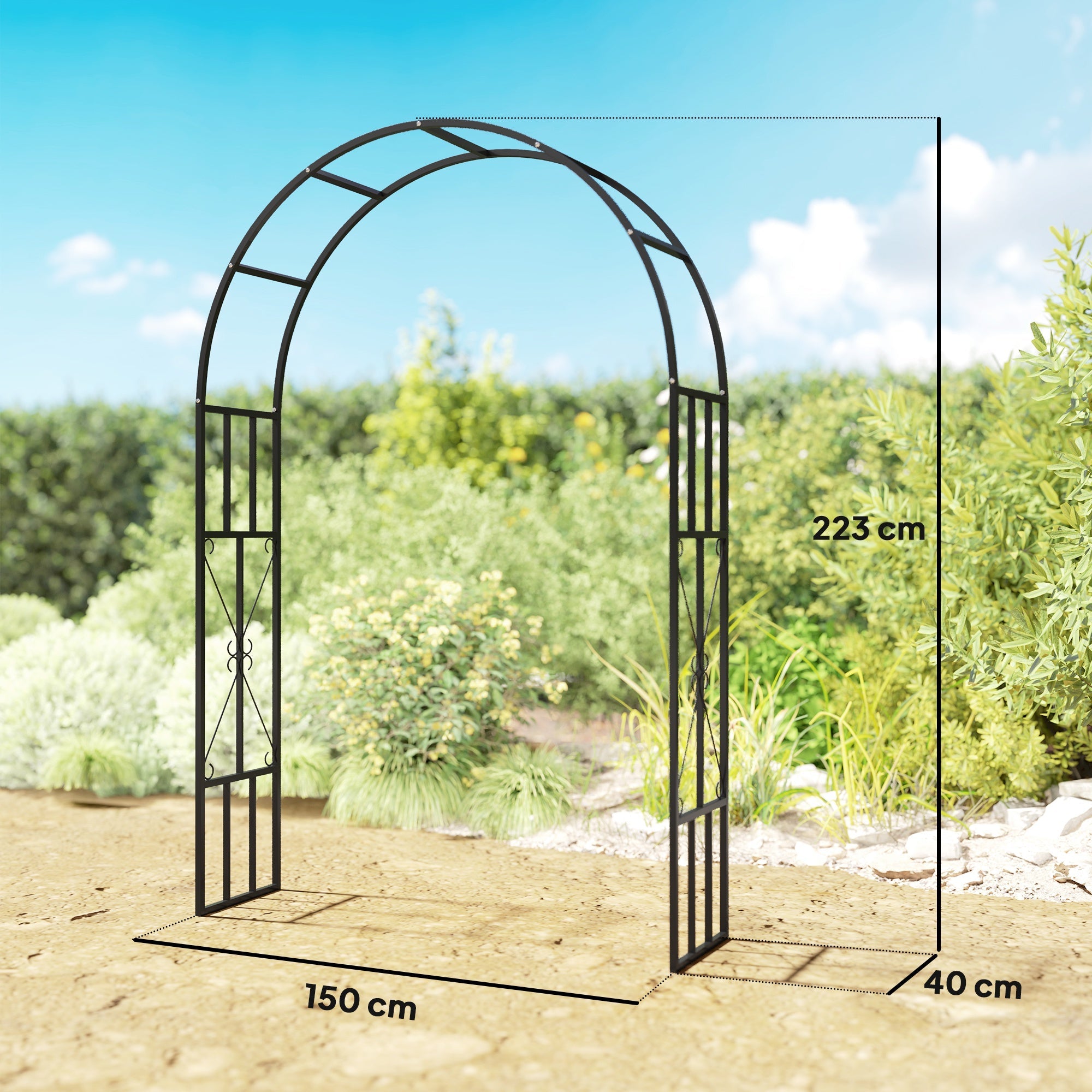 Outsunny Steel Garden Arch, 2.2m High x 1.5m Wide Metal Garden Trellis for Climbing Plants Roses Wisteria Vines, Outdoor Wedding Arch for Bridal Party Ceremony Decoration, Black 