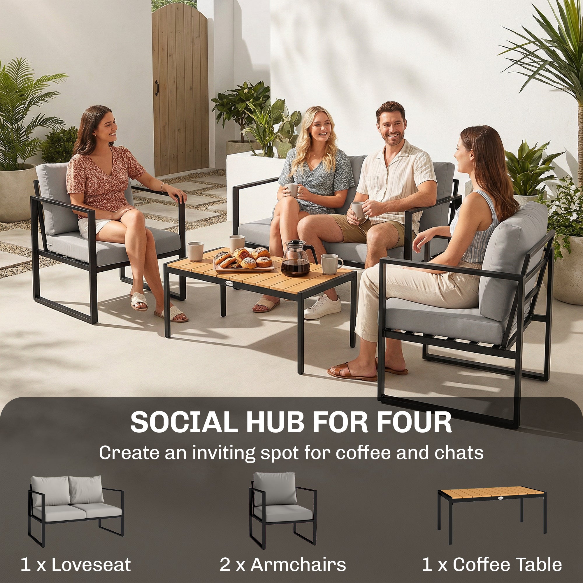 Outsunny Outdoor Garden Furniture Set, 4 Piece Patio Furniture with Slatted Table, Indoor Outdoor Balcony Patio Conservatory Set 