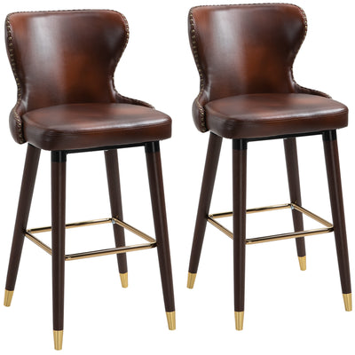 HOMCOM Bar Stools Set of 2, PU Leather Vintage Counter-Height Bar Chair, Luxury European Style Kitchen Stools with Back, Brown 