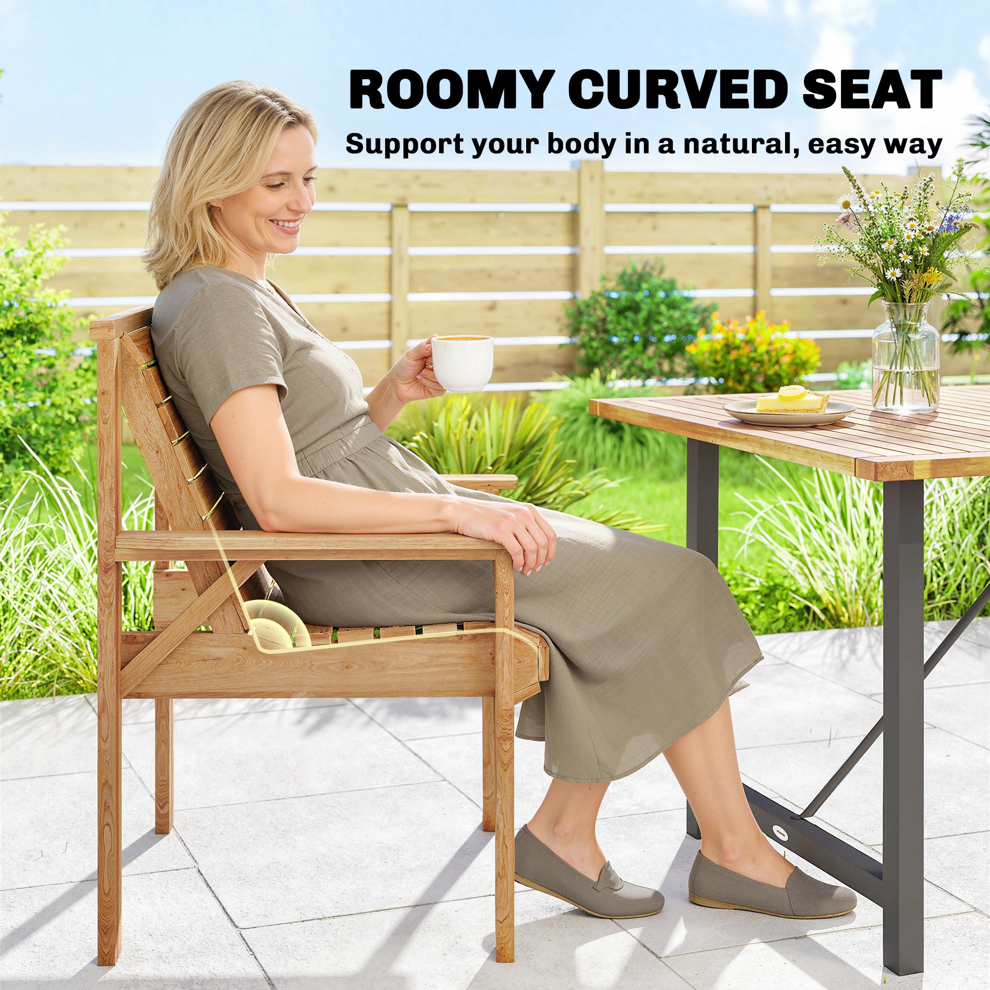 Outsunny Wooden Garden Dining Chair, Outdoor Chair Garden Armchair with Curved Seat and Wide Armrests, Natural Wood Finish 