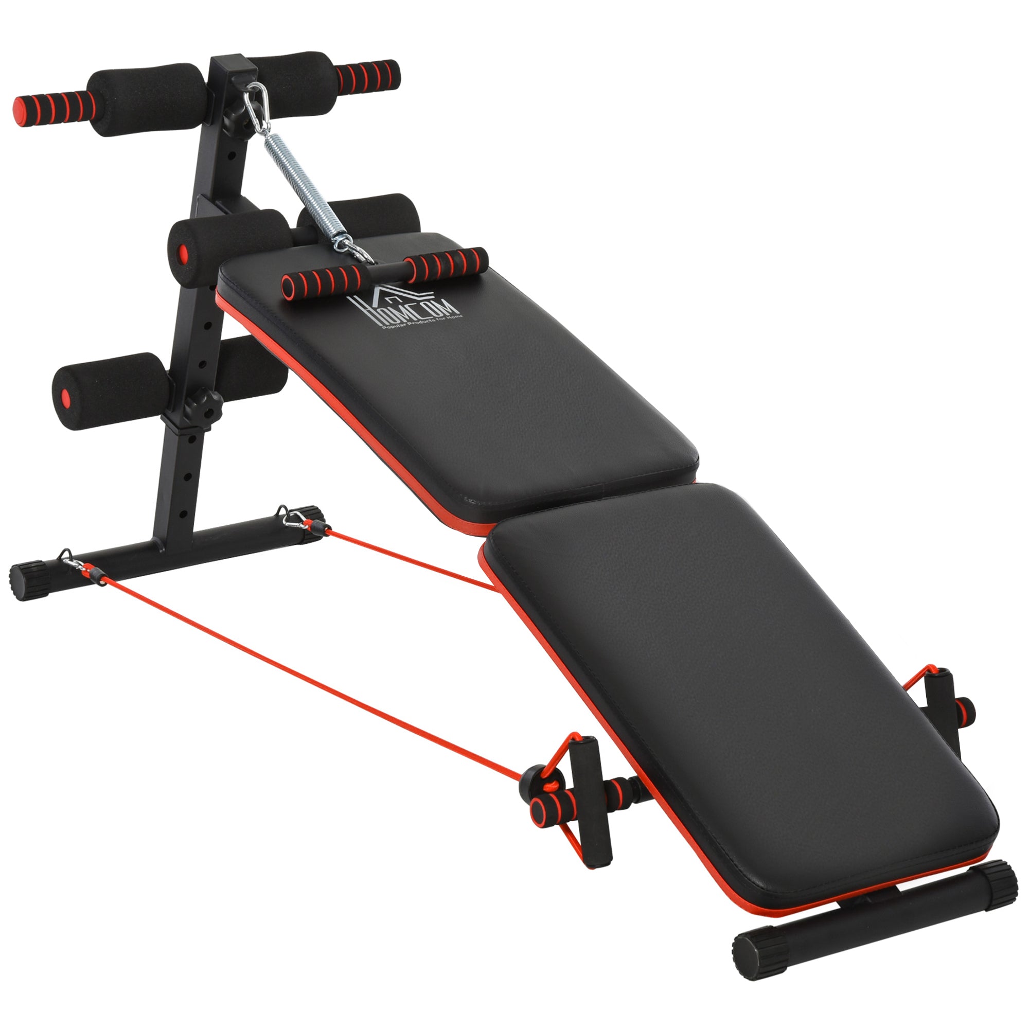 HOMCOM Sit Up Bench Core Workout Adjustable Thigh Support Foldable for Home Gym w/ Arm Pulling Rope Black 