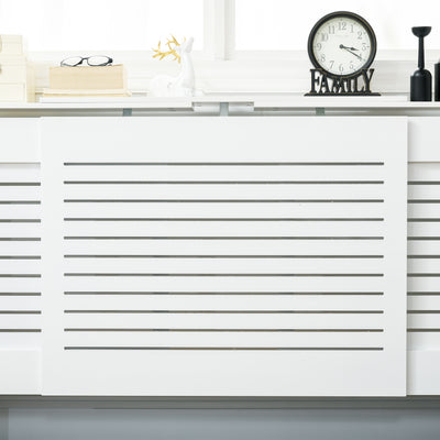HOMCOM Set of 2 MDF Extendable Radiator Cover with Cabinet Shelving, Home Office Slatted Design, White 139-208.5L x 20.5W x 82.5H cm 