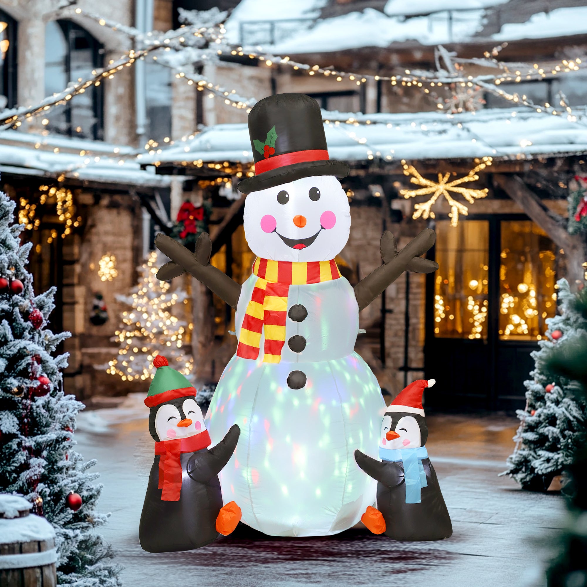 Outsunny 6FT Christmas Inflatables Snowman & Penguins with Built-in LED Lights and Flashing Projector Light, Blow Up Christmas Inflatable Decoration for Indoor Outdoor Decor, Garden 