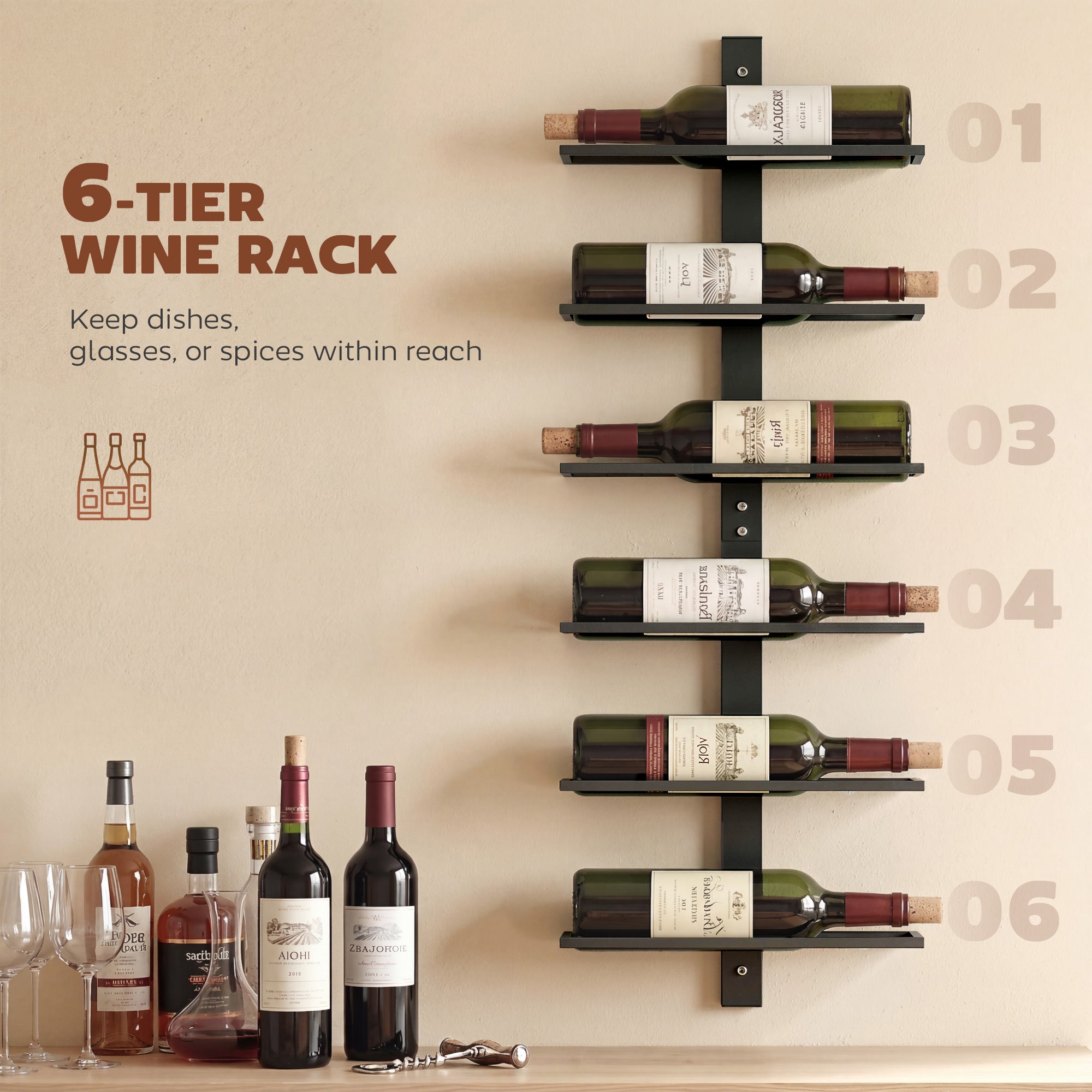 HOMCOM Wall Mounted Wine Rack, 6 Tier Metal Wine Display Rack, Storage Holder for Kitchen, Black 