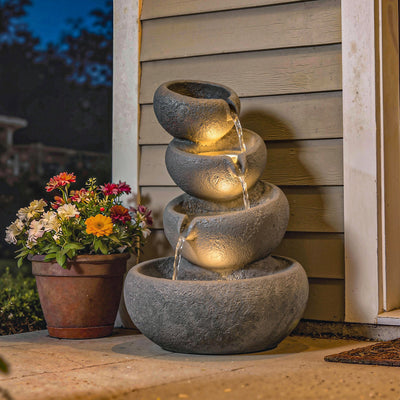 Outsunny 4-Tier Water Fountain Outdoor, Garden Water Feature with LED Lights and Pump, Freestanding Resin Waterfall for Patio 