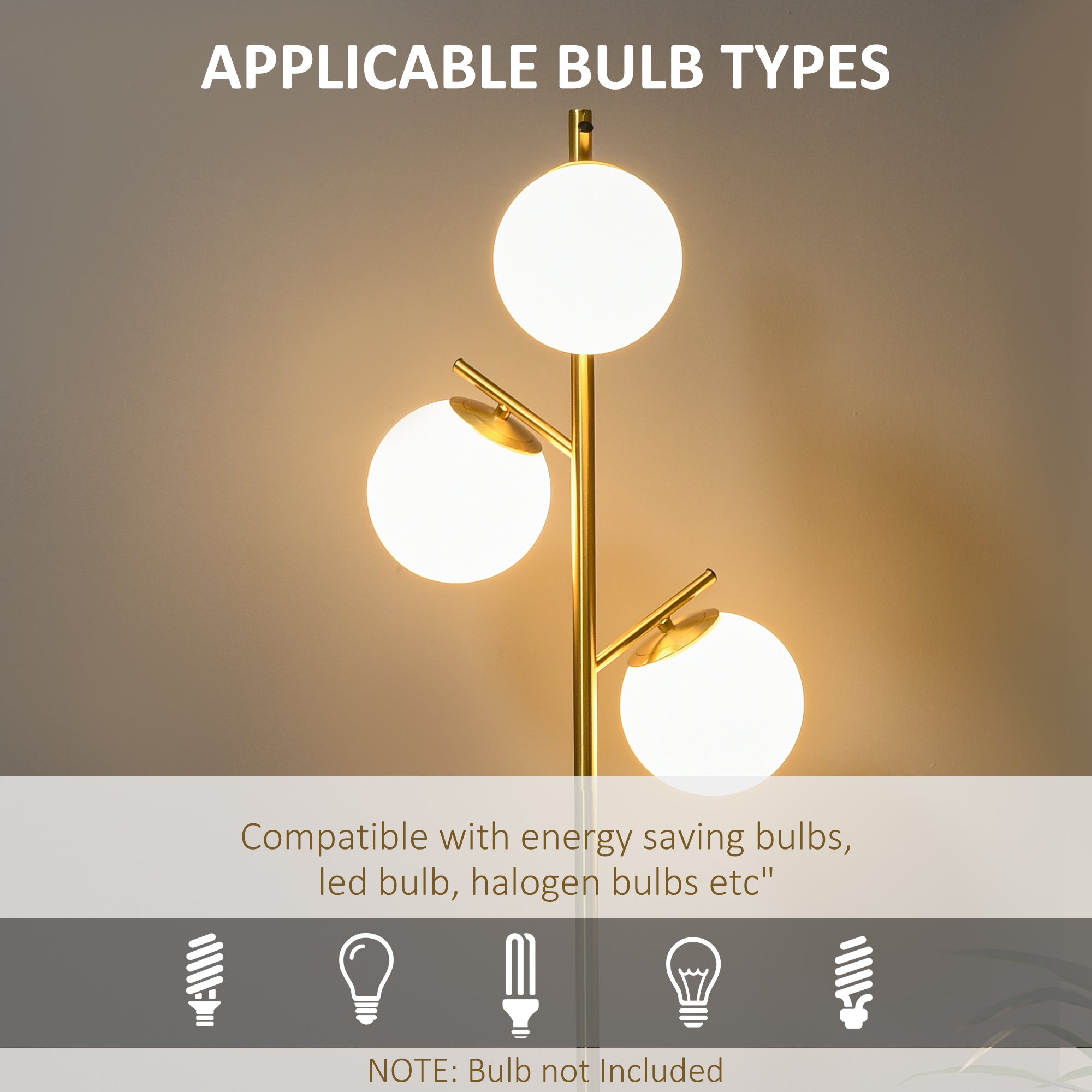 HOMCOM 3-Light Tree Floor Lamps for Living Room, Modern Standing Lamp for Bedroom with Globe Lampshade, Steel Base, Bulb not Included, Gold Tone 