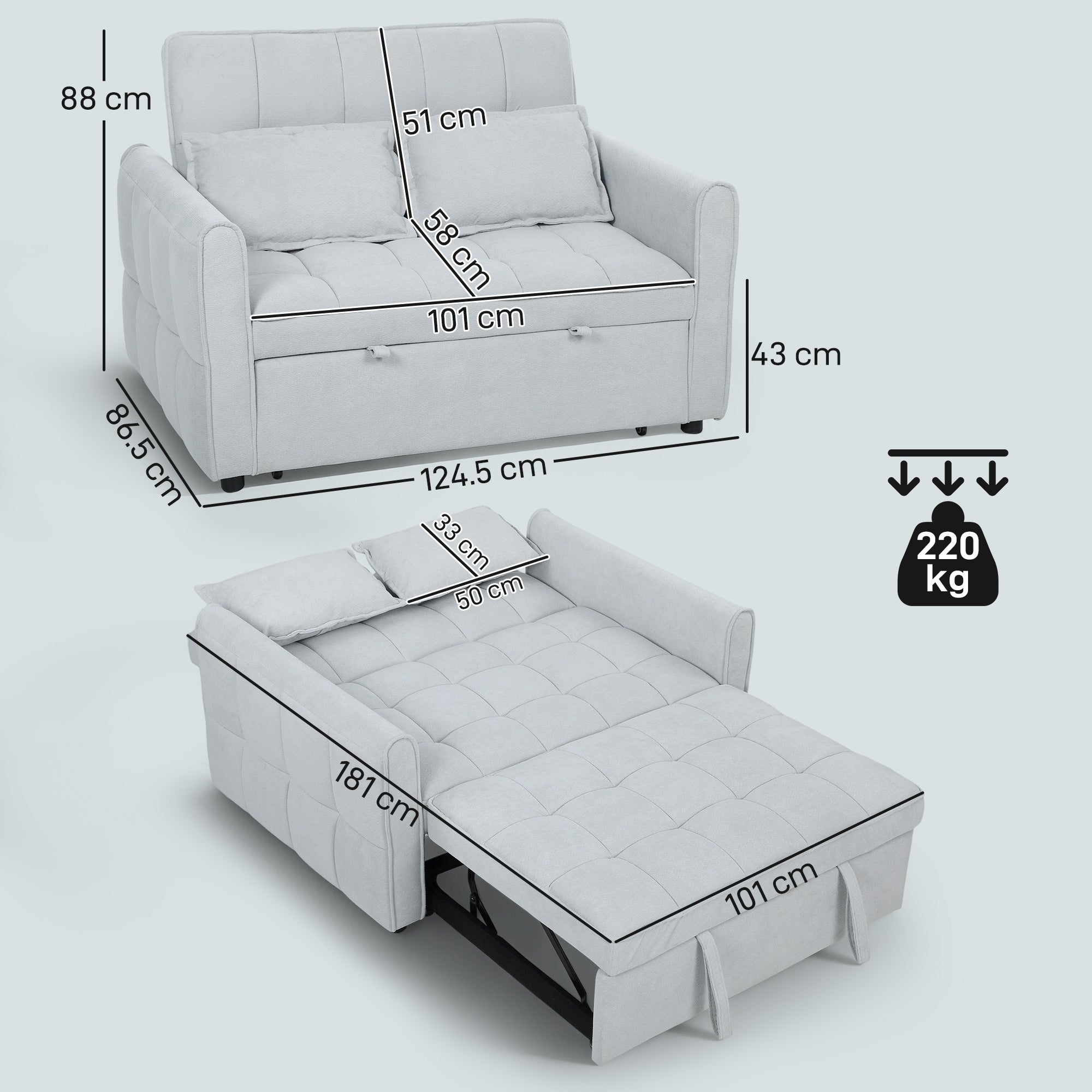 HOMCOM 2 Seater Sofa Bed, 3-in-1 Convertible Sleeper Sofa with Click-clack Adjustable Backrest and 2 Pillows, Light Grey 