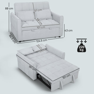 HOMCOM 2 Seater Sofa Bed, 3-in-1 Convertible Sleeper Sofa with Click-clack Adjustable Backrest and 2 Pillows, Light Grey 