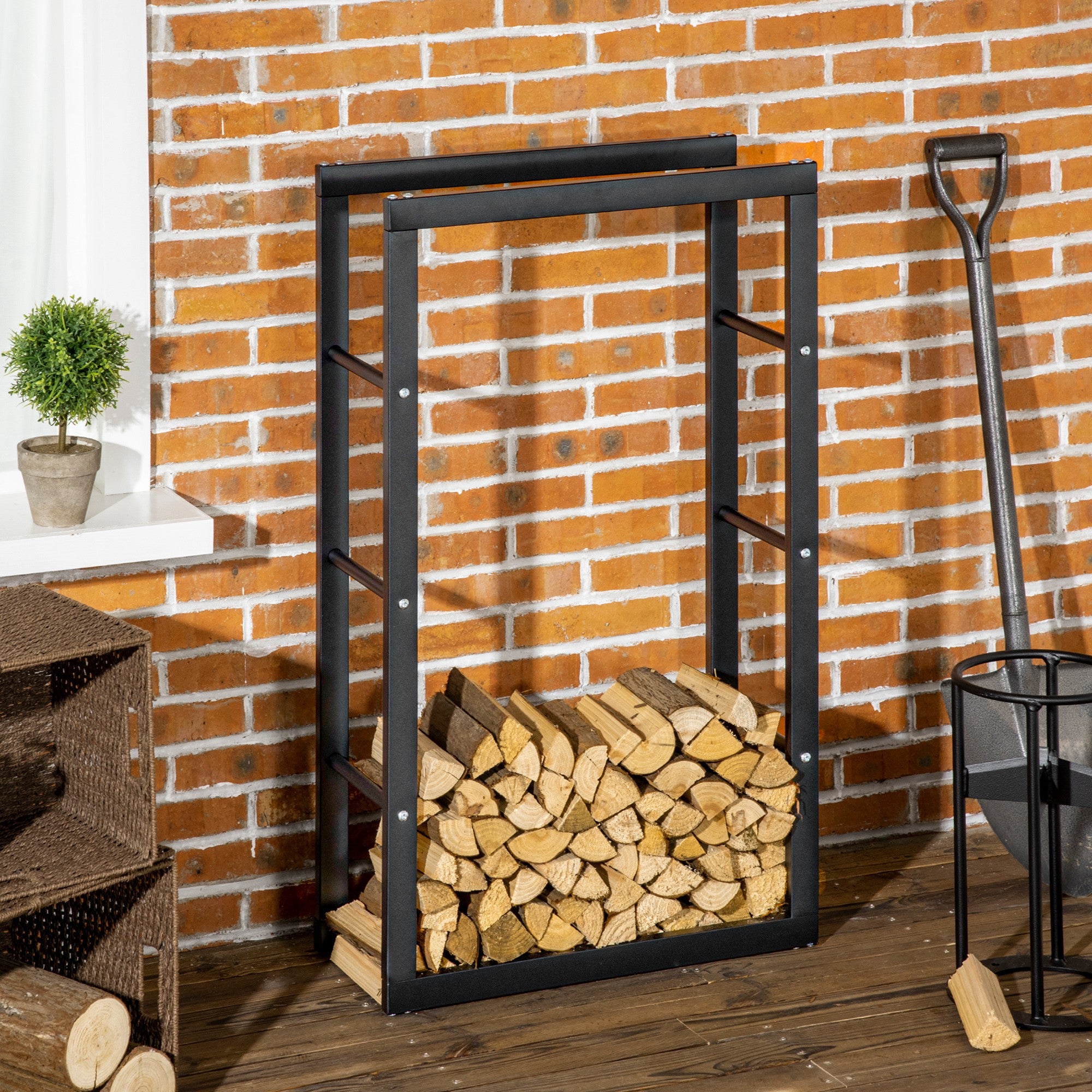 HOMCOM Metal Firewood Log Holder Tall Firewood Rack Indoor Outdoor Fireplace Wood Storage Shelf with Side Rails, Rust-Resistant, Black, 60W x 25D x 100H cm 
