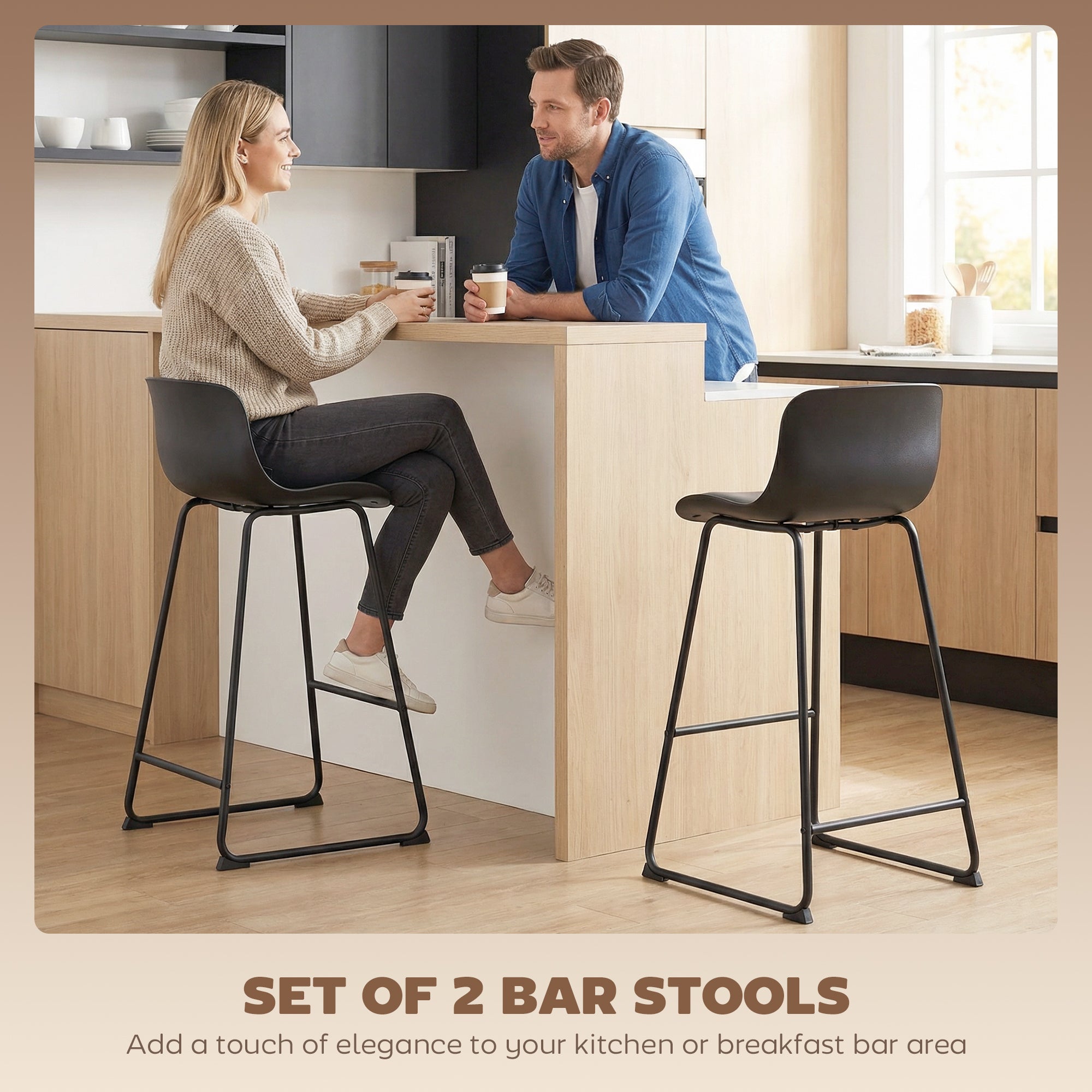 HOMCOM Modern Bar Stools Set of 2, PU Leather Barstools, Counter Height Kitchen Chairs for Breakfast Bars, Dining Room, Black 