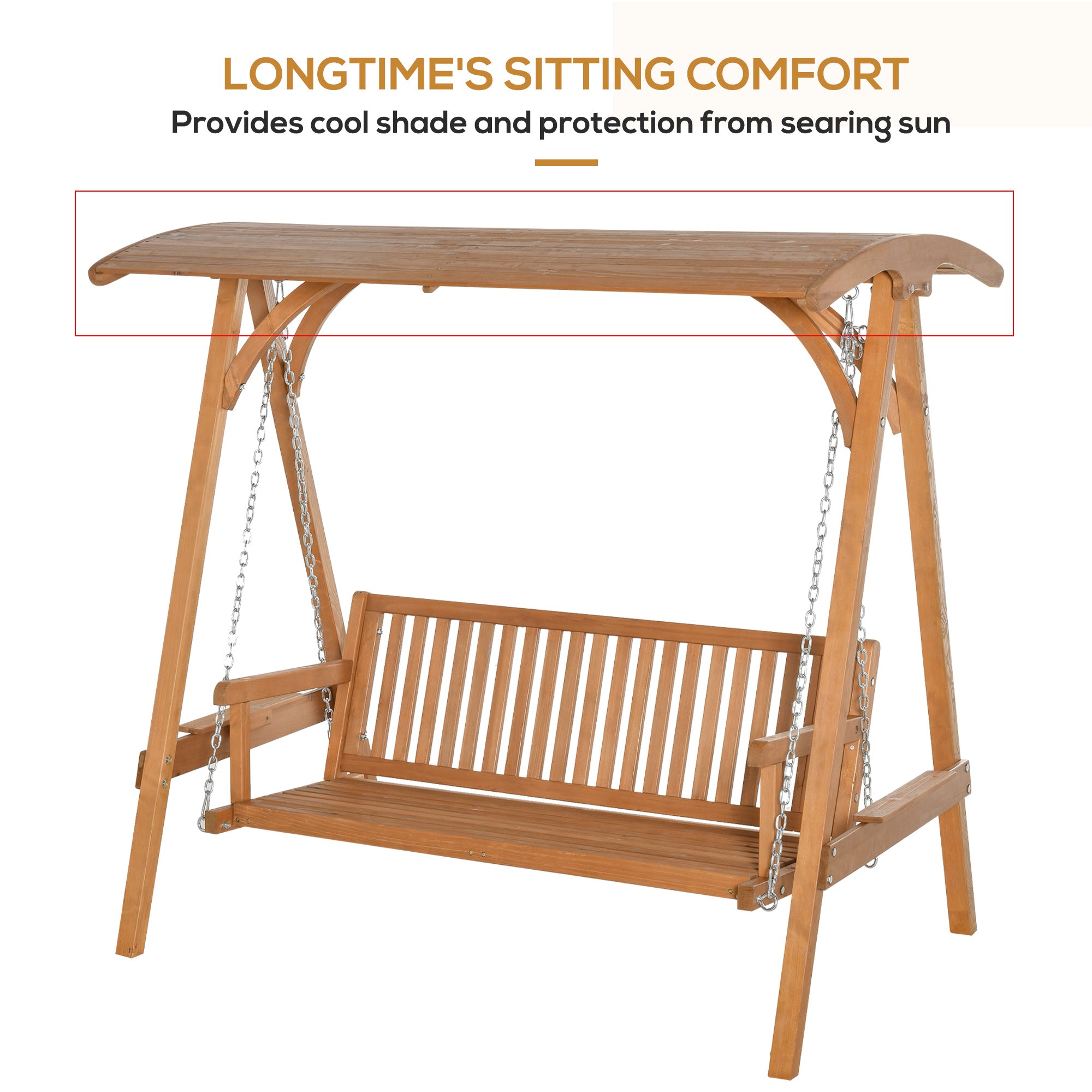 Outsunny 3 Seater Garden Swing Seat Wooden Swing Chair Hammock Bench Lounger with Canopy, Natural 