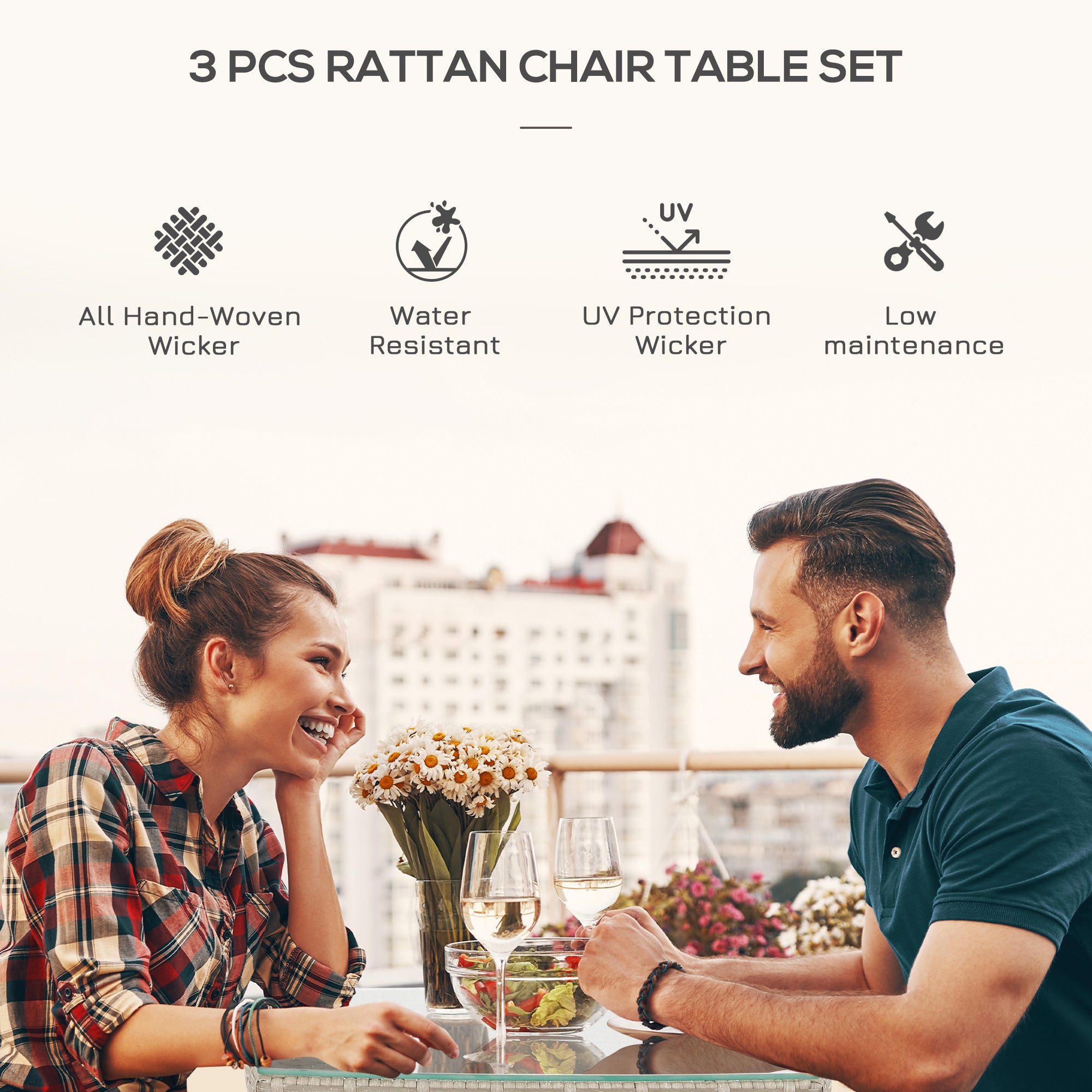 Outsunny 3 Pieces Rattan Bistro Set, Wicker Garden Furniture Set with 2-Tier Coffee Table and Chairs, Washable Cushions, for Outdoor Patio Balcony, Grey 