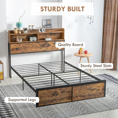 HOMCOM Industrial Double Bed Frame, 4.8FT Steel Bed Base with Storage Headboard, Footboard, Slatted Support and Under Bed Storage, 145 x 209cm, Rustic Brown 