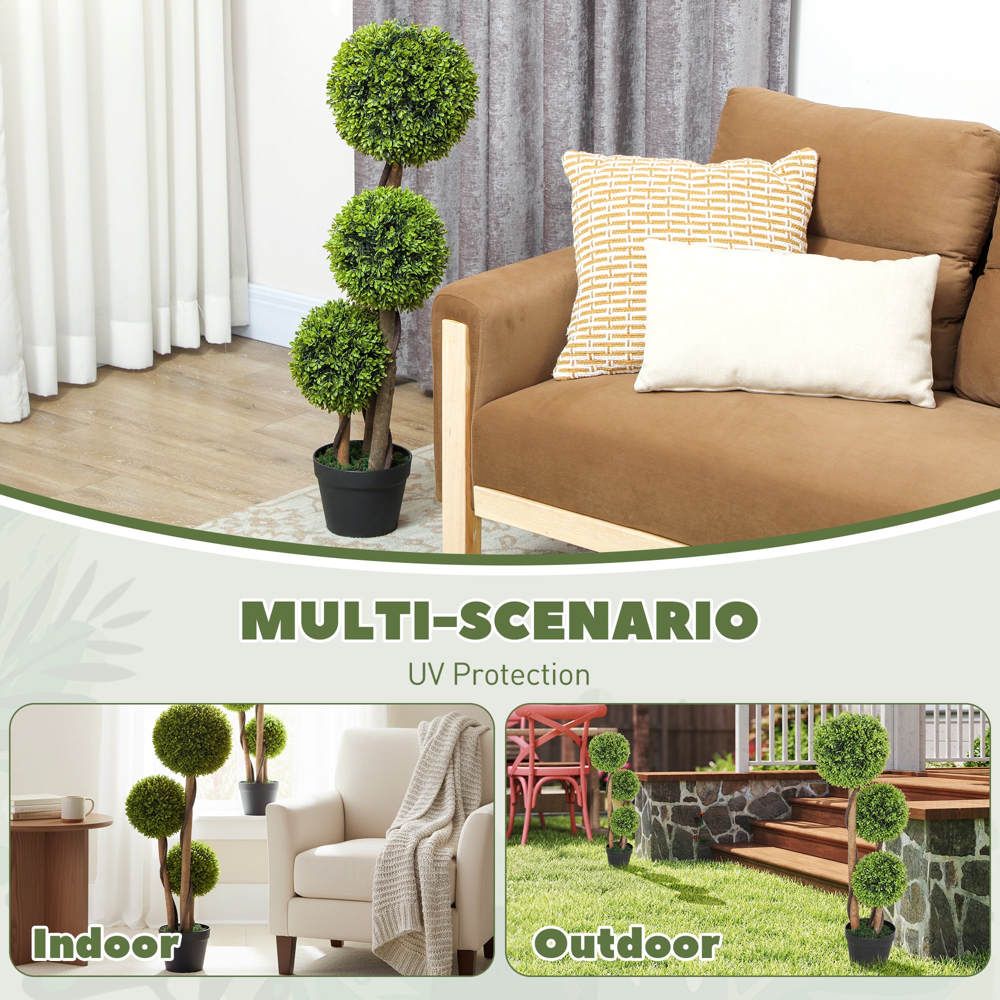 HOMCOM Decorative Artificial Trees Boxwood Ball Topiary Trees Set of 2 in Pot, Fake Plants for Home Indoor Outdoor Decor 