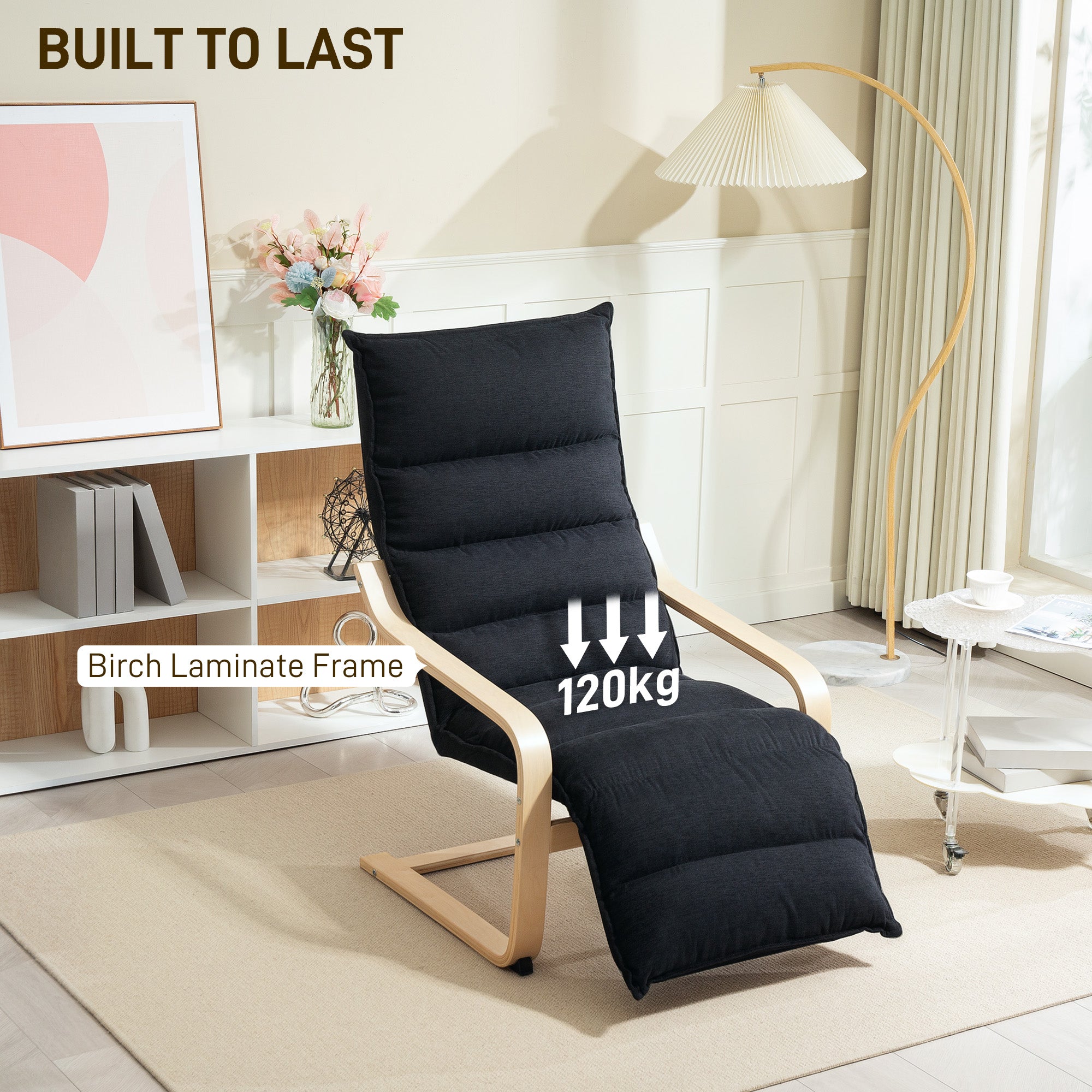 HOMCOM Birch Wood Lounge Chair, Upholstered Recliner Lounge Seat with Adjustable Footrest, Modern Armchair for Living Room, Bedroom, Balcony, Office, Black