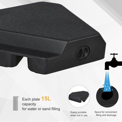 Outsunny 4PCs Fillable Parasol Base Weights with Steel Cross Base Garden Umbrella Stand 60L Water or 72kg Sand Filled Weights Plastic Black 