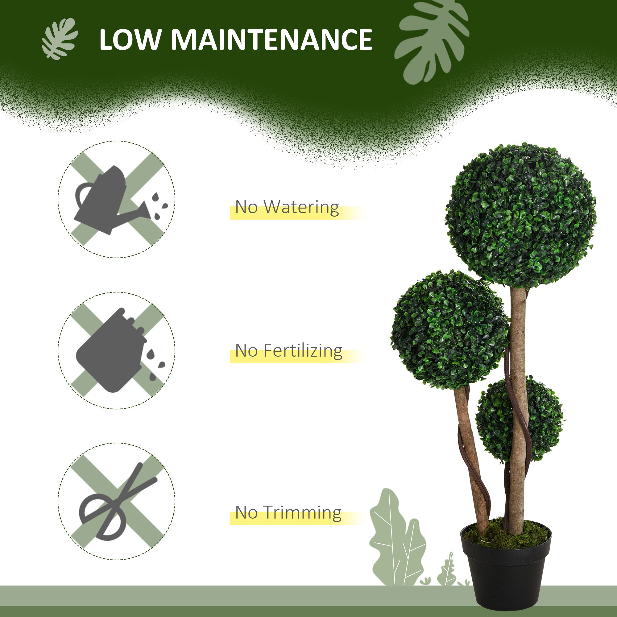 HOMCOM Decorative Artificial Plants Set of 2, Boxwood Ball Topiary Trees in Pot Fake Plants for Home Indoor Outdoor Decor, 90 cm, Dark Green 