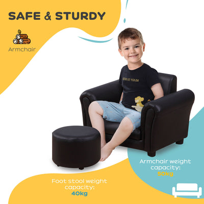 HOMCOM Toddler Chair Single Seater Kids Sofa Set, 54 x 42 x 41cm, Kids Sofa with Stool, Black 