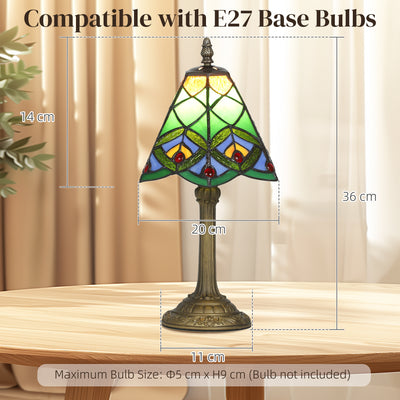 HOMCOM Tiffany-Style Table Lamp with Geometric Patterns, Handcrafted Antique Stained Glass Bedside Lamp for Living Room and Bedroom, E27 Socket, Green 