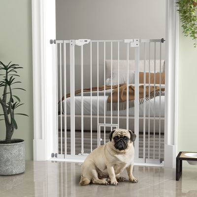 PawHut Extra Tall Pet Gate, Indoor Dog Safety Gate, with Cat Flap, Auto Close, 74-101cm Wide - White 