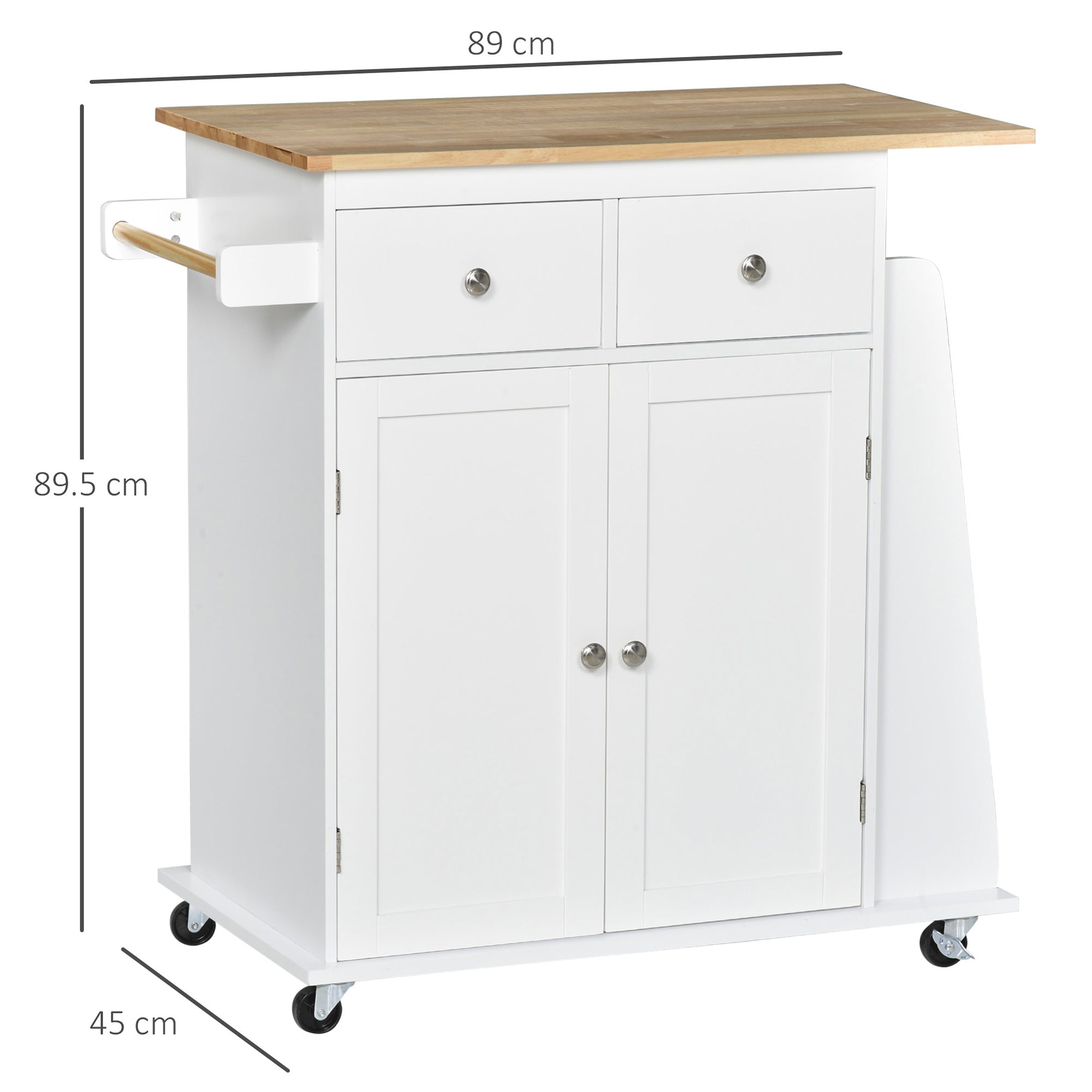 HOMCOM Kitchen Island on Wheels, Mobile Storage Trolley, Rolling Kitchen Cart with Rubber Wood Top, 2-Door Cabinets, 2 Drawers, Adjustable Shelf, 3-Tier Spice Rack, Drawers 