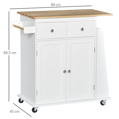 HOMCOM Kitchen Island on Wheels, Mobile Storage Trolley, Rolling Kitchen Cart with Rubber Wood Top, 2-Door Cabinets, 2 Drawers, Adjustable Shelf, 3-Tier Spice Rack, Drawers 