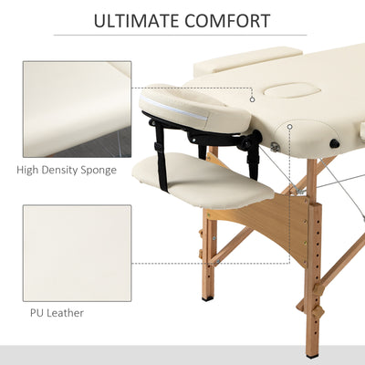 HOMCOM Portable Massage Bed, Folding Spa Beauty Massage Table with 2 Sections, Carry Bag and Wooden Frame, Cream 