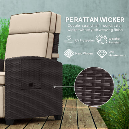 Outsunny Rattan Garden Recliner Chair, Adjustable Backrest Reclining Rattan Chair with Flip Table, Cushion and Footrest, Indoor Outdoor Lounge Reclining Sun Lounger for Patio, Dark Brown/Khaki 