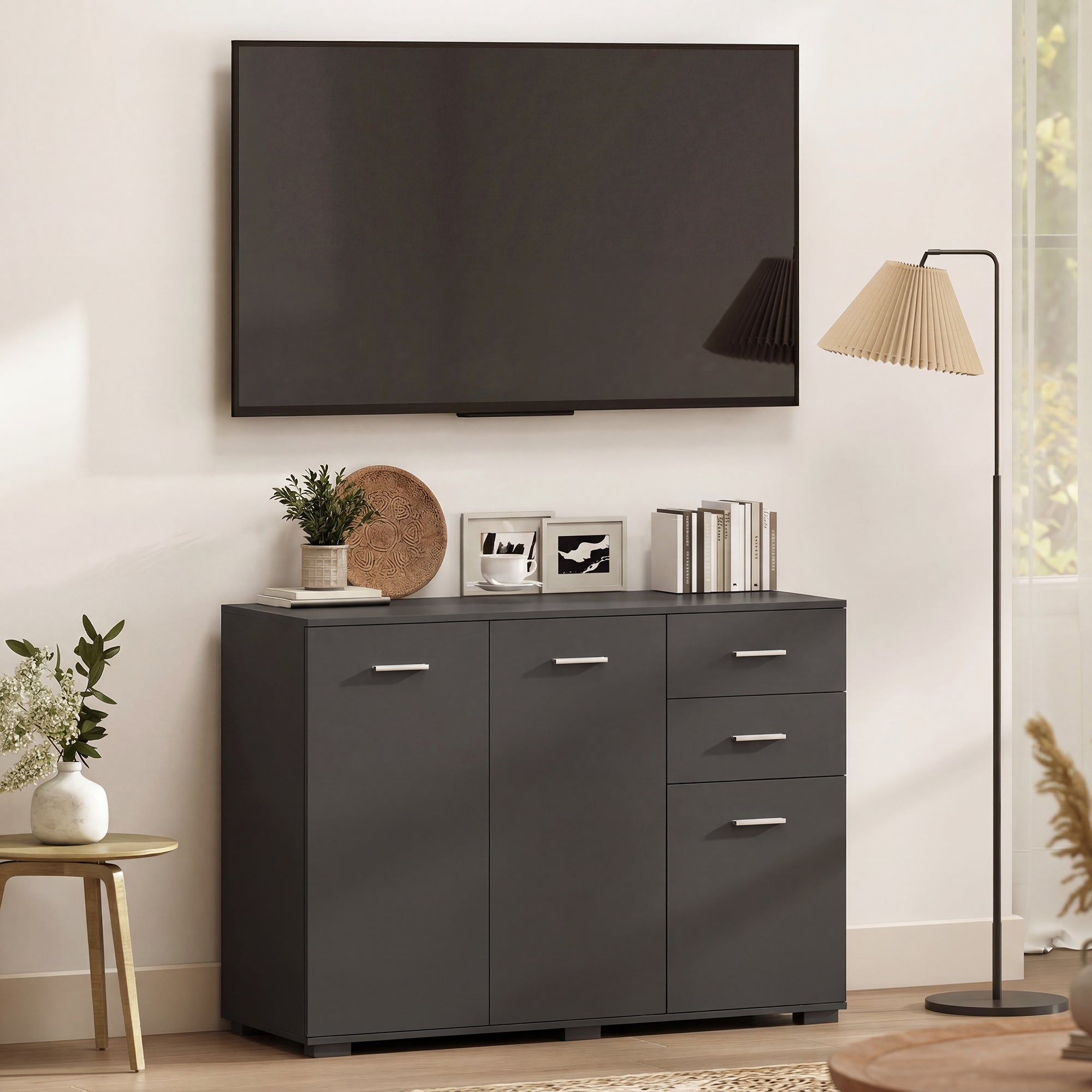 HOMCOM Sideboard, Modern Storage Cabinet with 2 Drawers, 3 Doors and Adjustable Shelves, Black 