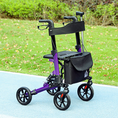 HOMCOM Folding Rollator Walker with Seat, Backrest, Lightweight Walking Frame with Storage Bag, Dual Brakes, Adjustable Handle Height, Suspension System, 4 Wheeled Walker for Seniors, Purple 