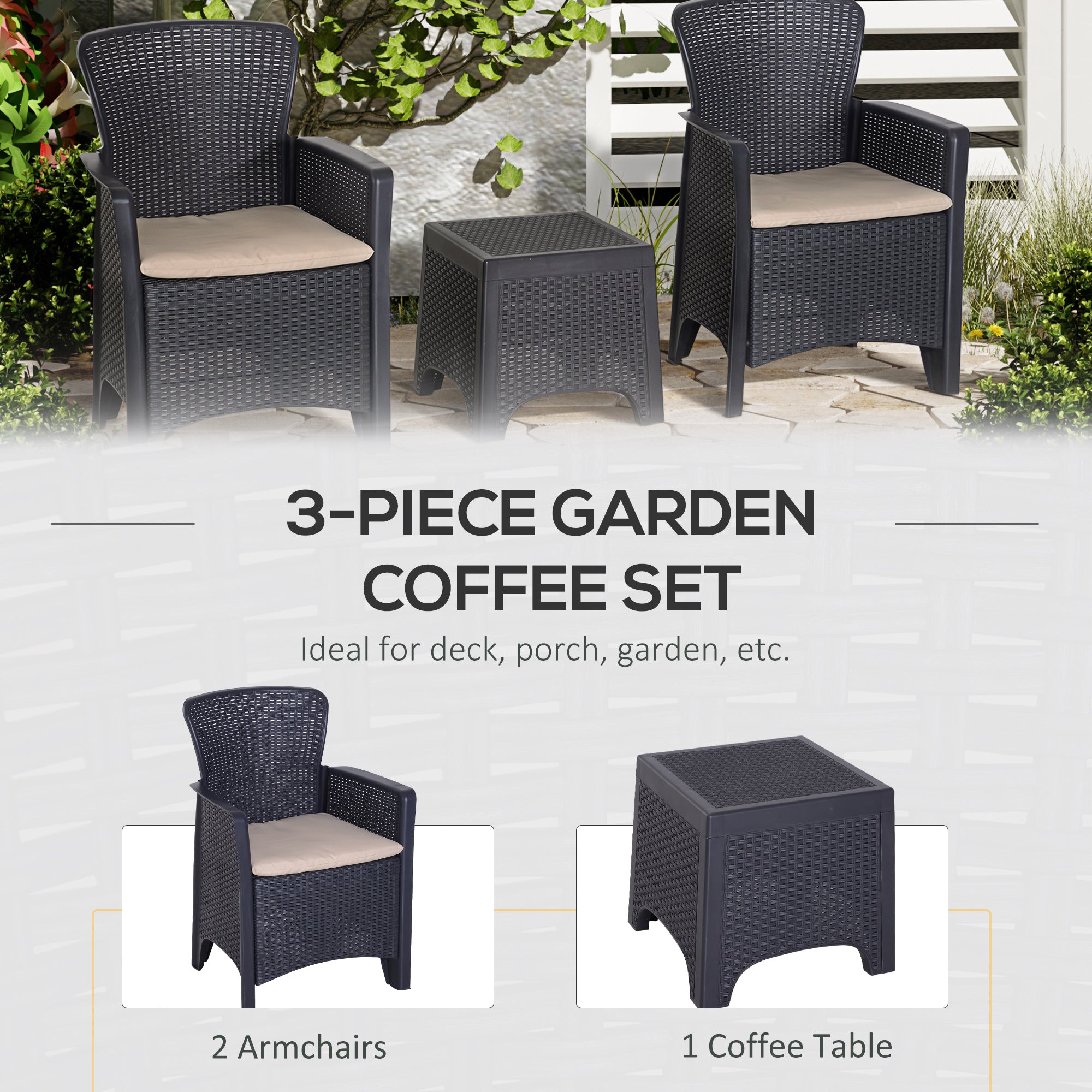 Outsunny 3 PCS Rattan Effect Garden Bistro Set  2 Chairs & Coffee Table Set with Cushion Patio Lawn Balcony Furniture - Dark Brown 
