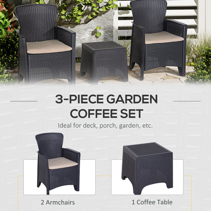 Outsunny 3 PCS Rattan Effect Garden Bistro Set  2 Chairs & Coffee Table Set with Cushion Patio Lawn Balcony Furniture - Dark Brown 