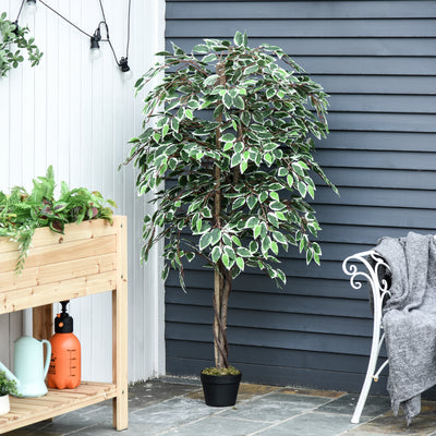 Outsunny 160cm/5.2FT Artificial Ficus Silk Tree with Nursery Pot, Decorative Fake Plant, for Indoor Outdoor Décor 