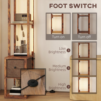 HOMCOM Floor Lamp with Shelves, LED Column Modern Standing Lamp with Fabric Drawer, Adjustable Brightness, Foot Switch for Living Room, Bedroom, Office, Rustic Brown 