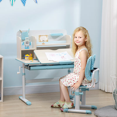 HOMCOM Kids Desk and Chair Set, with Storage Shelves, Washable Cover, for Ages 3-12 Years - Blue 