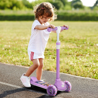 AIYAPLAY Kids 3 Wheel Scooter for 2-6 Years Old w/ Adjustable Height, LED Light, TPE Handlebar, Purple 
