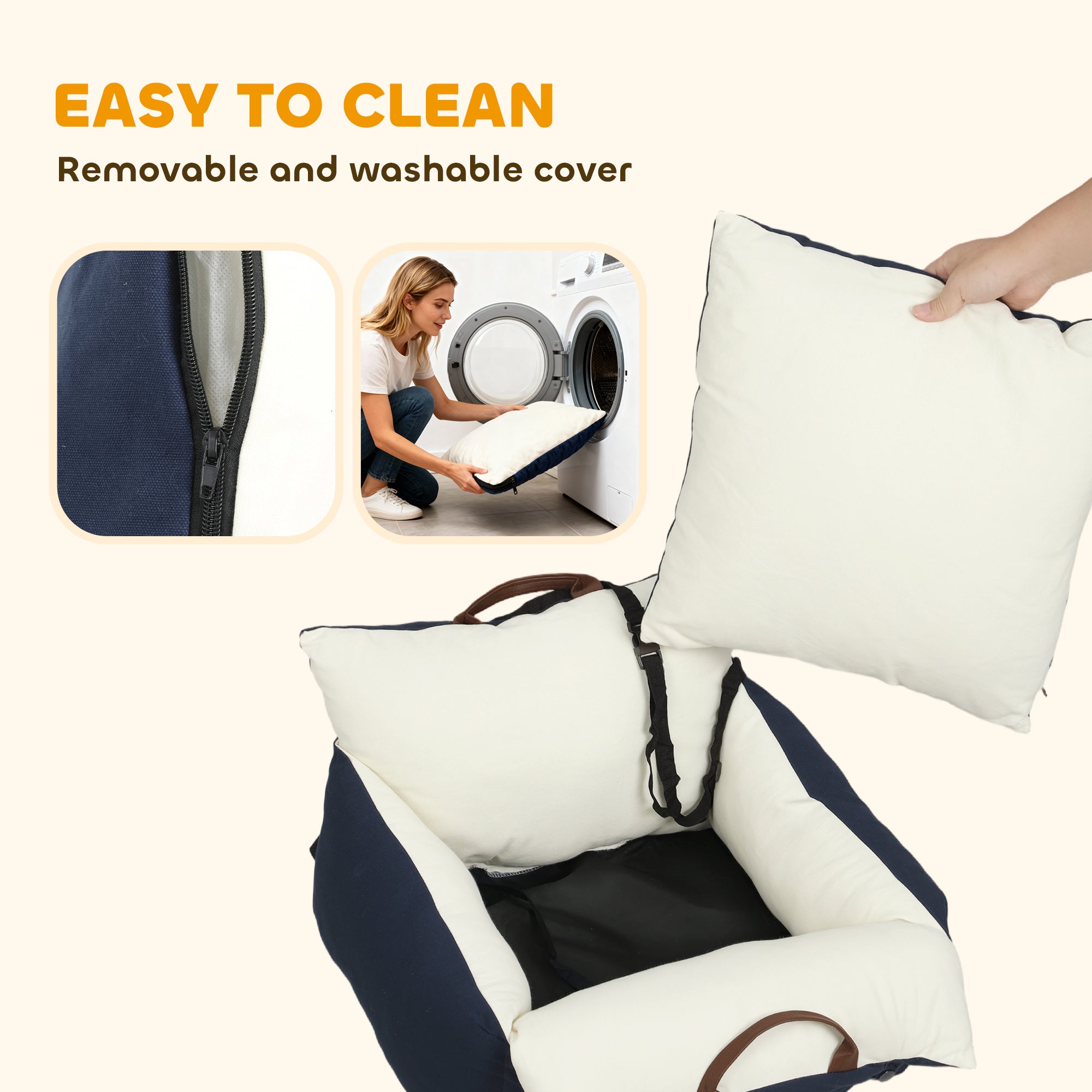 PawHut Dog Car Seat, Cosy Pet Car Booster Seat for Small Dog Under 5 KG, Portable Travel Bed with Safety Belts, Navy Blue 
