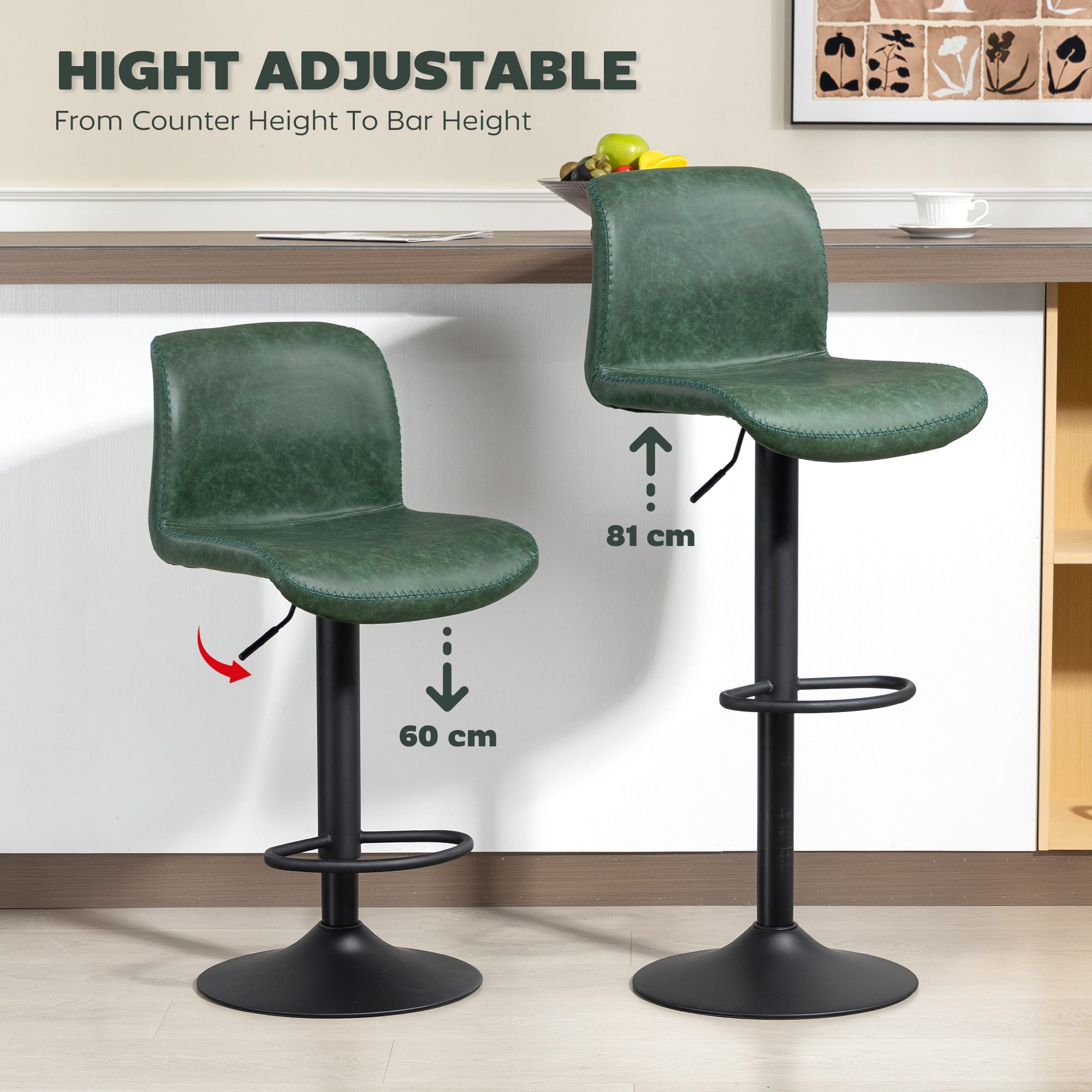 HOMCOM Bar Stools Set of 2, PU Leather Barstools with Backrest and Footrest for Kitchen, Counter, Breakfast Bar, Green 