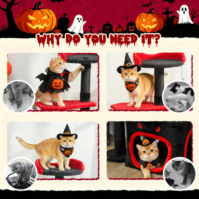 PawHut Cat Tree, Gothic Cat Tower with Scratching Posts, Cute Condo, Coffin Platform, Bed and Spider Toy, Halloween 