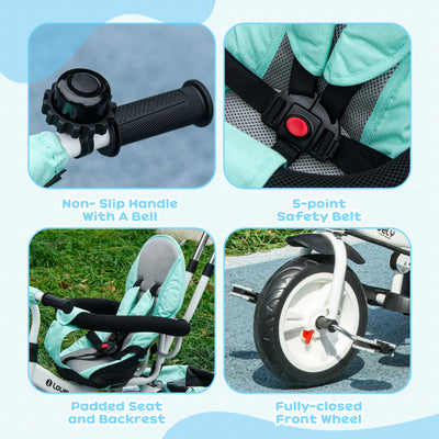 HOMCOM 6 in 1 Kids Trike Push Bike w/ Push Handle, Canopy, 5-point Safety Belt, Storage, Footrest, Brake, for 1-5 Years, Green 